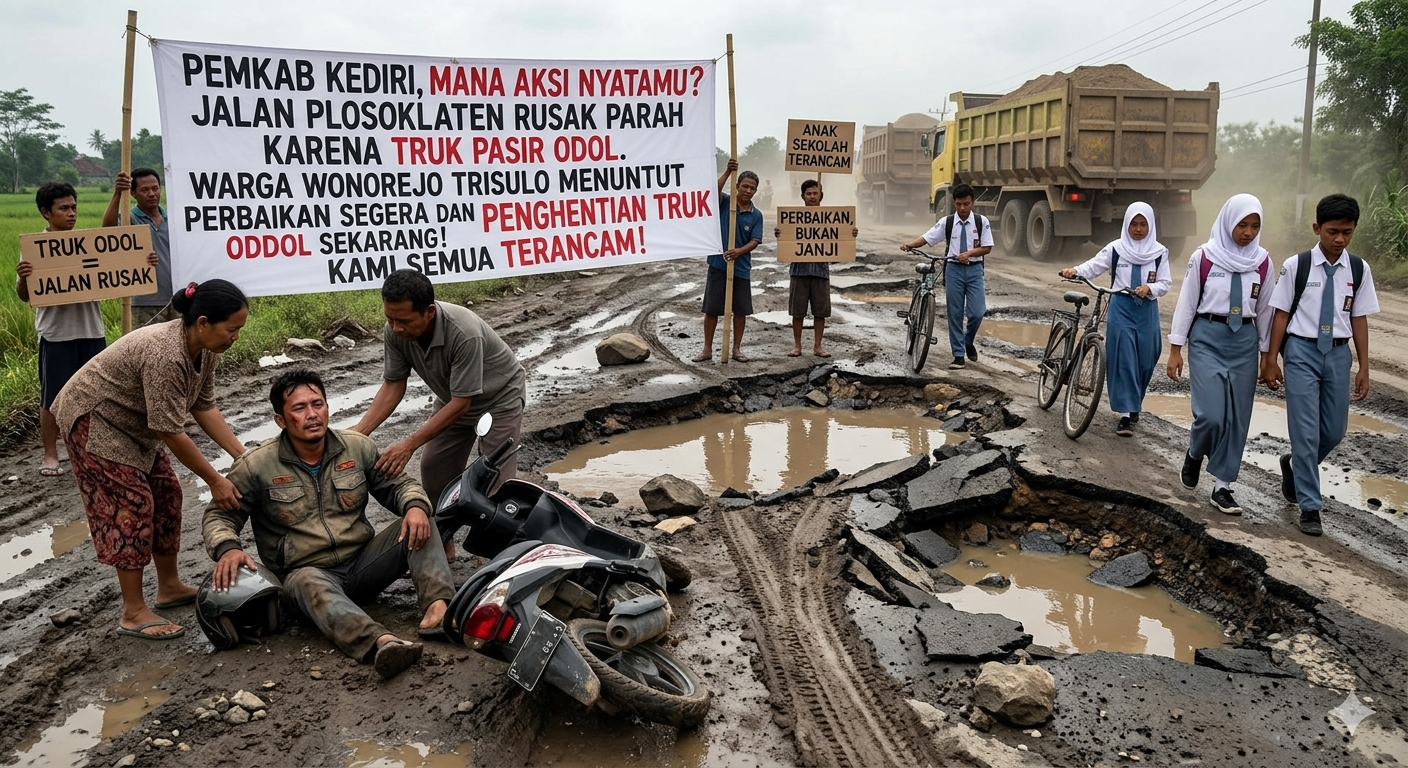 “Nyawa Anak Sekolah Terancam!” Warga Wonorejo Trisulo Kediri Keluhkan Jalan Rusak Akibat Truk Pasir