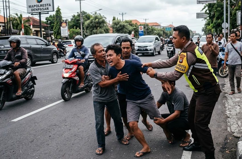  Geger! Seorang Pemuda Tiba-Tiba Kesurupan di Dekat Mapolresta Denpasar, Nyaris Masuk Jalur Lalulintas
